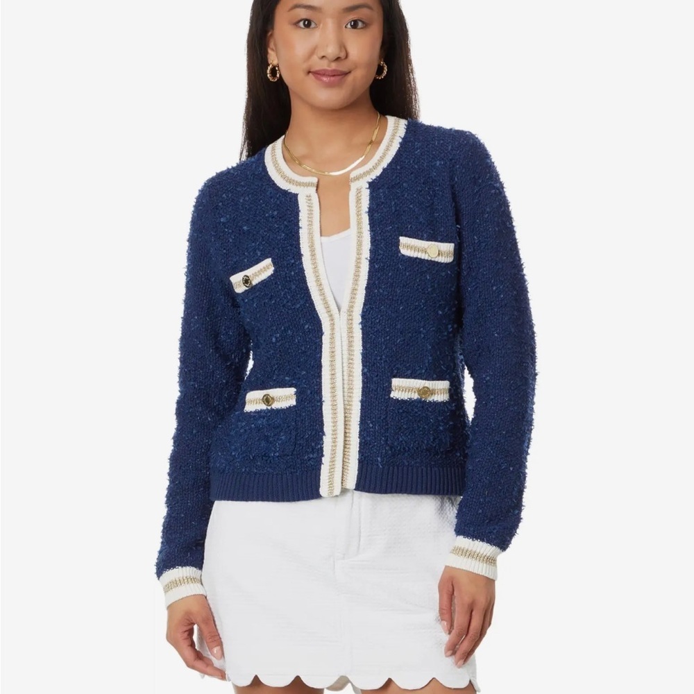 Lilly Pulitzer Nalayna Cardigan Low Tide Navy Sweater Cropped Crewneck Sz M